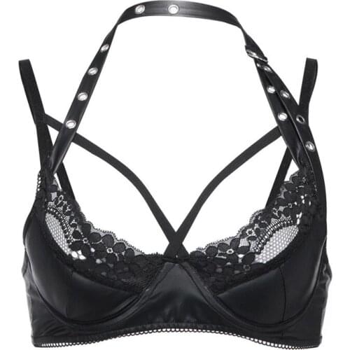 Sexy lace Lingerie cosplay cute bra PU coating perspective sexy passion uniform Halter Neck Patent Leather Hollow Out Unlined