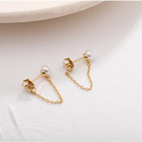 Cute Pearl Chain Earrings 925 Sterling Silver Tiny Natural Freshwater Pearl Stud Chain Dangle Earrings for Women Trendy Jewelry