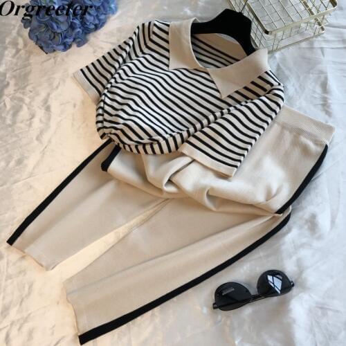 Knitted Short Sleeve 2 Piece Set Women Summer 2020 New Knitted Striped Lapel Pullover Tops +Stretch Waist Ankle-Length Pants Set