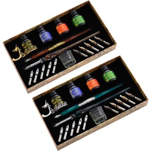Vintage Dip Pens Fountain Writing Ink 10 Nibs Pen Holder Gift Box Calligraphy Stationery School Supplies