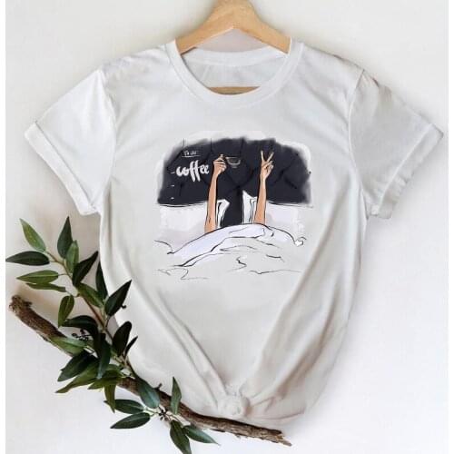T-shirts Women 2021 Coffee Watercolor Cartoon 90s Spring Summer Fashion Clothes Stylish Tshirt Top Lady Print Ladies Tee T-Shirt
