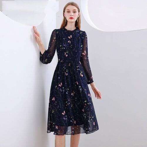 Women Chiffon Floral Print Dresses Female Sweet Midi Dress Transparent Short Sleeve Elegant Blue Fairy Dresses For Women Summer