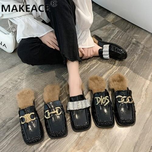 Womens Slippers Autumn Home Outdoor Fashion Bag-top Moeller Shoes Plush Warm Cotton Slippers Low Heels Fashion Womens Sandals