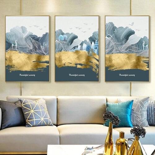 3 Pieces Golden Abstract Mountain Landscape Canvas Painting Wall Art Print Pictures for Living Room Modern Home Decoration
