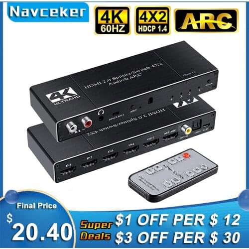 4x2 4K HDMI Switch Audio Extractor ARC & Optical Toslink 4 IN 2 OUT Switch HDMI 4K 60Hz HDMI Switcher Remote For Apple TV PS4