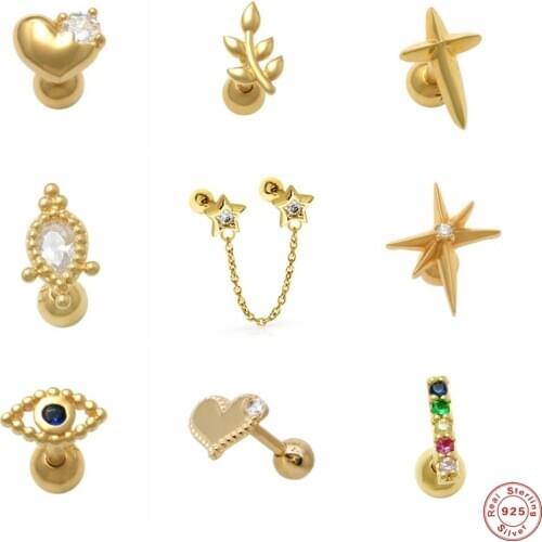 Aide 925 Sterling Silver Crystal Evil Eye Leaf Branch Shape Stud Earrings For Women Zircon Heart Cross Piercing Earring 1Piece