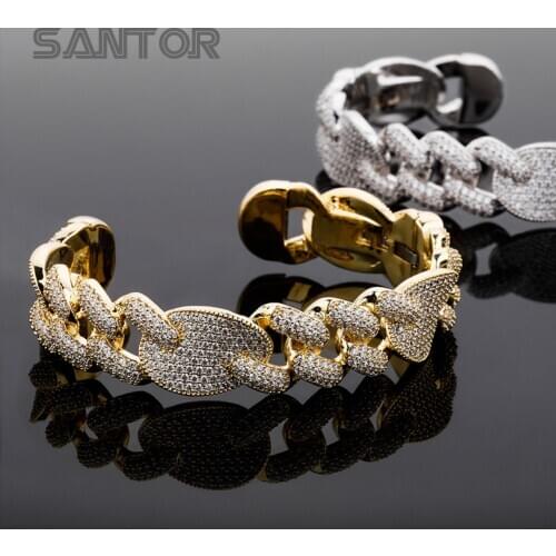 16mm Cuff Lover Ice Out Bracelet Bangle Gold Plated Zircon Jewelry For Men Women