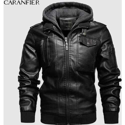 CARANFIER 2020 New Mens PU Hooded Jackets Coats Motorcycle Biker Faux Leather Jacket Men Classic Winter Jackets Drop Shipping