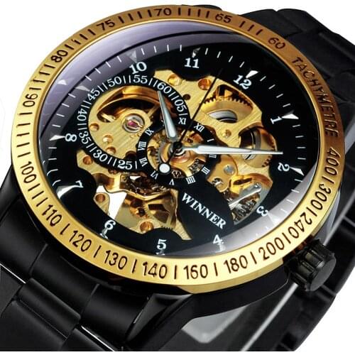 WINNER Brand Luxury Automatic Mechanical Watch Man Gold Black Skeleton Full Steel Strap Metal Tachymeter Army Wristwatch relogio