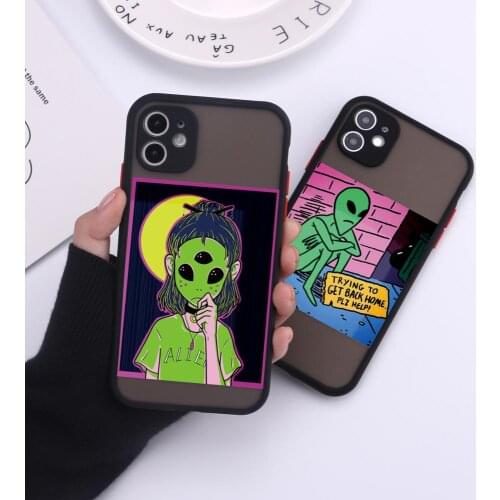 Black Frame Funny Alien Girls Camera Protection Bumper Phone Case For iPhone 11 Pro 8 8Plus X XS Max 7 Shockproof Back Cover
