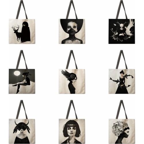 Black and white cool color linen shopping bag ladies backpack foldable shopping bag beach tote bag handbag large bag female bag