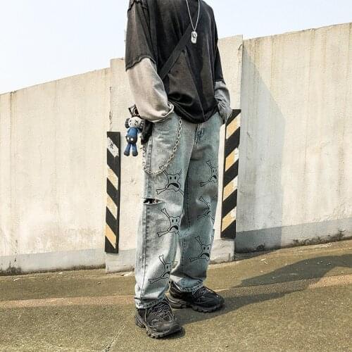 2021 New Men Skull Print Hole Vintage Straight Jeans Pant Male Women Streetwear Hip Hop Loose Casual Denim Harem Pants