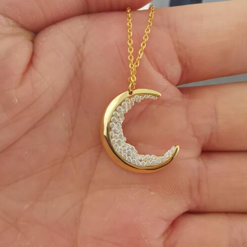 Dainty Crystal Crescent Moon Necklaces For Women Boho Jewelry Stainless Steel Long Chain Friendship Necklace Collares Mujer BFF