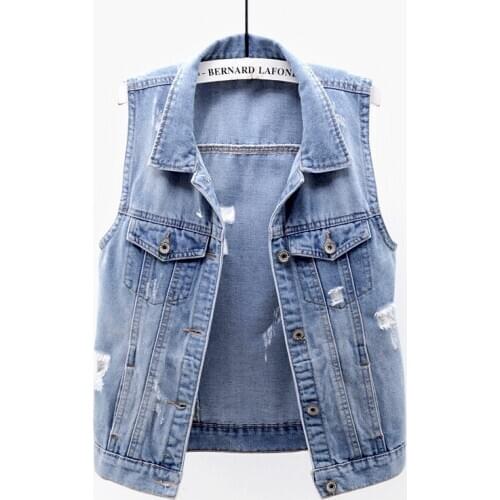 Plus size Short Denim Waistcoat Womens New Spring summer Broken Hole Slim Single-breasted sleeveless Vest jeans coat Female