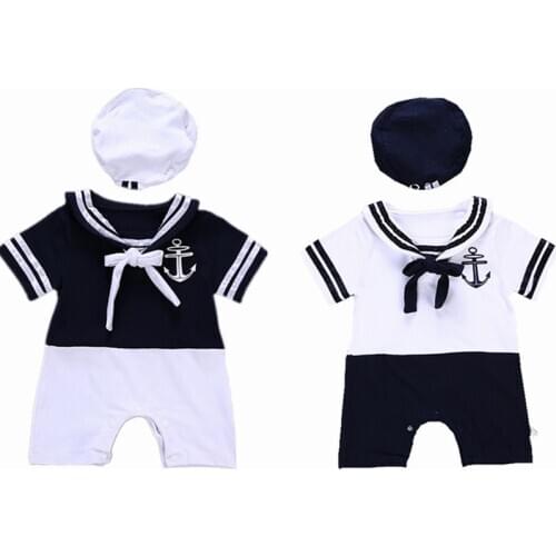Toddler Boy Navy Academy Summer Wind Clothes Boys Sailor Stripe Romper Marine Navy Collar One Piece 2 Pieces Photo Props Outfit