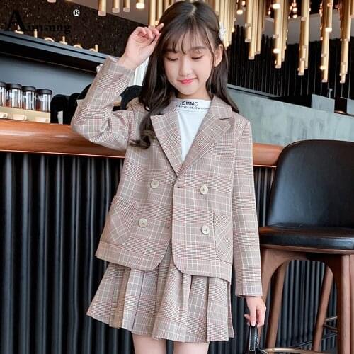 Baby Girls Fashion Plaid Two Piece Sets Kids Clothing 2021 Double Breasted Formal Blazer and Pleated Skirt Children 2PCS Outfits