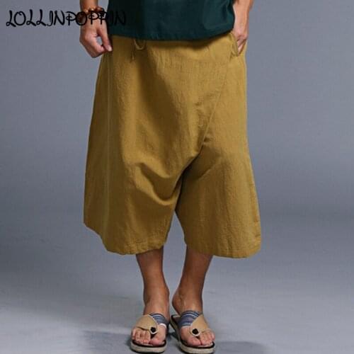 Mens Wide Leg Linen Pants Elastic Waist Calf Length Capris Slanting Front Design Cotton & Linen Casual Baggy Pants