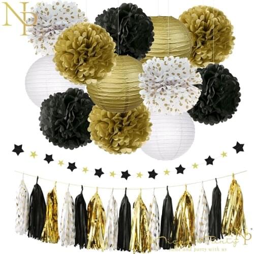 NICROLANDEE 28 Pcs/set Gold Black Baby Shower Decoration Kit Star Garland Slingers Paper Flower Lantern Tassel Birthday Boy
