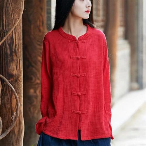 2020 New Arrival Autumn Womens Shirt Solid Casual Loose Cotton Blouses Chinese Style Long Sleeves Lady Tops Plus Size M-7XL 8XL