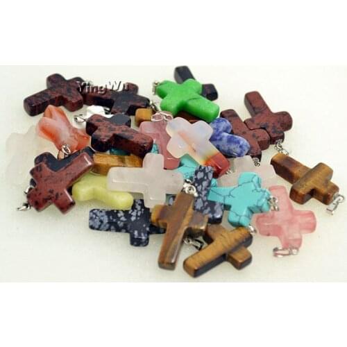 Wholesale 30pcs/lot fashion hot sell natural stone mixed color assort cross pendants Charms fit Necklaces jewelry making