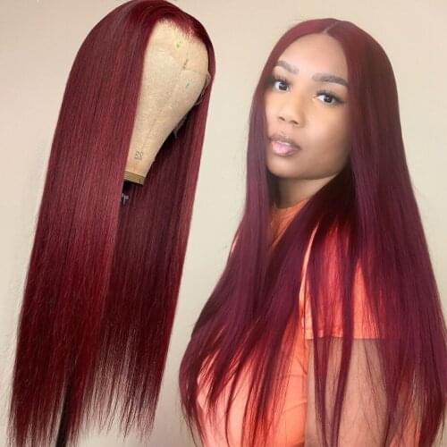Glueless 26 Inch 99j Silky Straight Lace Front Wig For Women Human Remy Hair Babyhair Natural Hairline Brazilian Can Dye Permed