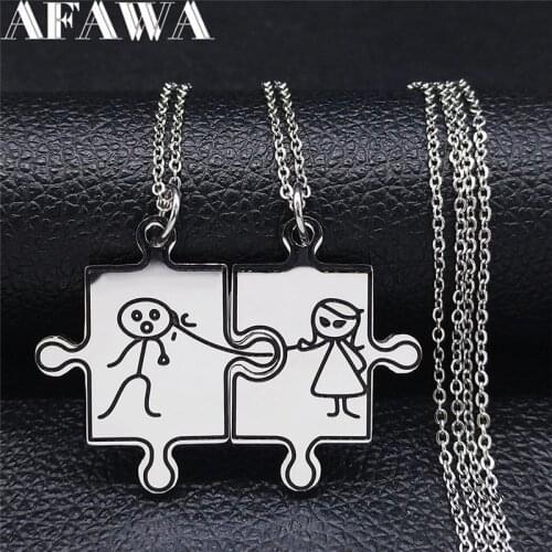 2PCS Boy Girl Puzzle Stainless Steel Pendant Necklace Women Silver Color Black Necklace Jewelry couple collar pareja NXS01