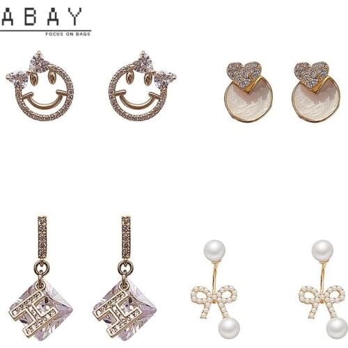 S925 Silver Needle Pearl Bow Earring New Simple Geometry Crystal Full Rhinestone Smile Face Zircon Temperament Earrings Fashion