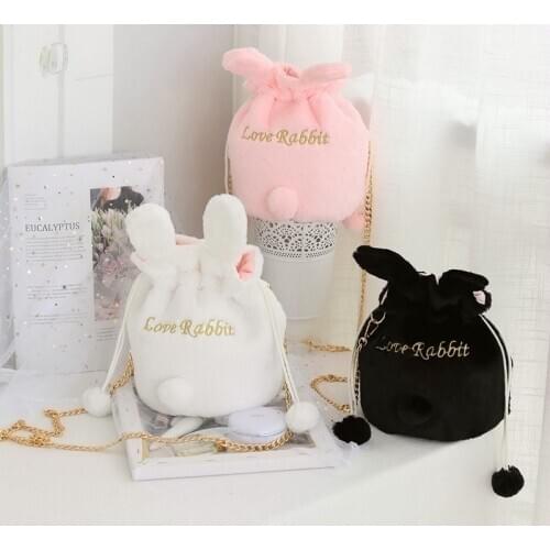 Cute Bunny Ears Makeup Organizer Women Plush Rabbit Drawstring Bag Girl Travel Chain Shoulder Cosmetic Storage Bags Pouch Pocket