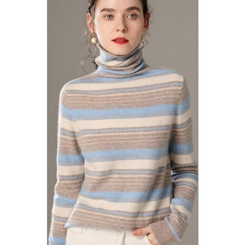 Turtleneck Cashmere Sweater Womens Thick Autumn Winter New Style 100%Pure Wool Knit Stripe Base Shirt With a Stylish Pullover