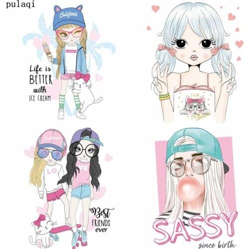 Pulaqi Cartoon Patch Iron on Transfer for Clothes Heat Transfer Vinyl Thermo Stickers Cute Girl Applique on Clothes Badge Stripe
