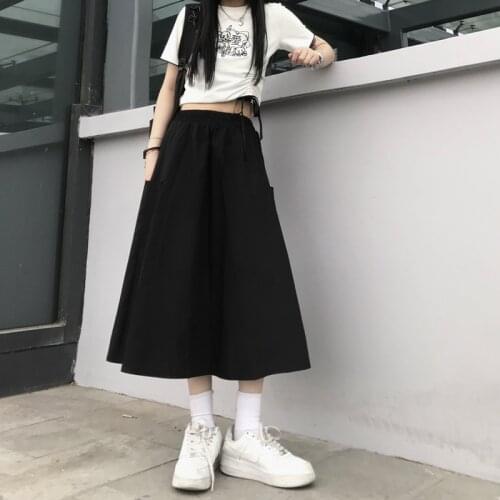 Japanese Vintage Long Skirts for Women 2021 Summer Harajuku Clothes Girls Black High Waisted Gothic Skirt Streetwear with Pocket