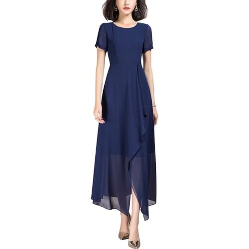2021 Spring Summer Nice Quality Casual Lady Clothing Indigo Blue Color One Piece Long Chiffon Dress Woman