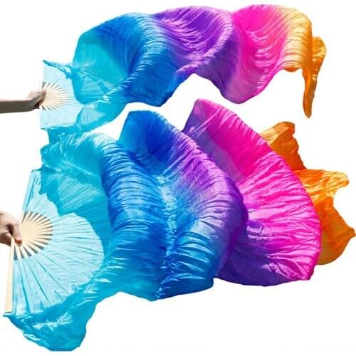 100% Silk Belly Dance Fans Dance Silk Accessories 1 Pair Left+ Right Hand Gradient Color Turquoise+Royal blue+Purple+Rose+Orange