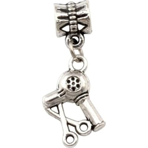 100pcs/lot Zinc alloy metal Scissors Blow Dryer Hair Stylist Charm Big Hole Beads Fit European Charm Bracelet Jewelry 29x13 mm