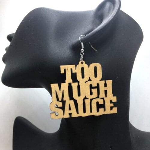 Free shipping!Natural Too Much Sauce Word Wooden Earrings
