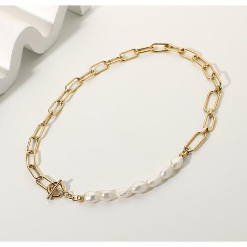 Baroque Freshwater Pearl Stainless Steel Chain Splicing Necklace For Women 14K Gold Plated OT Buckle Choker Jewelry