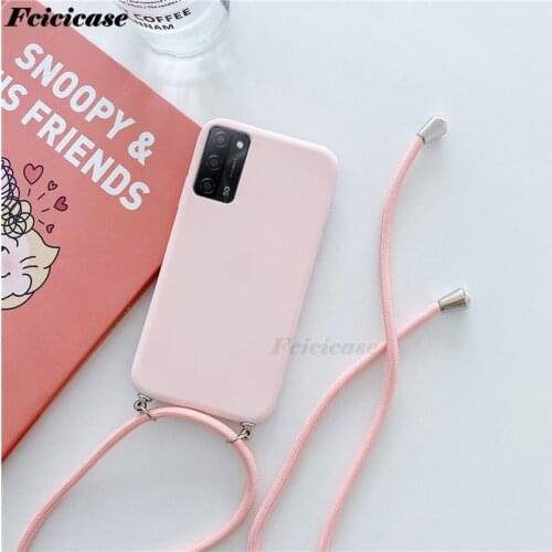 Crossbody Necklace Lanyard Case For OPPO A94 A74 A55 5G A35 2021 A53 A72 A52 4G A15 A9 2020 Candy Colors Silicone Matte Cover