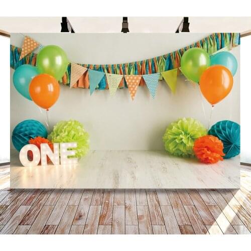Happy One Year Old Balloon with Flag Backdrops Photo Background Decorations for Kids Birthday Party Photography Props