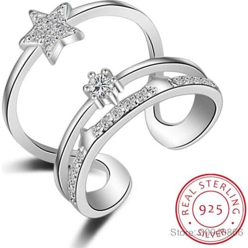 925 Sterling Silver Multi-layer CZ Zirconia Star Ring Fine Jewelry For Women anillos Resizable Rings Bague S-R170