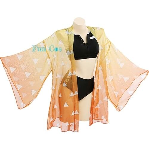 Anime Demon Slayer Swimsuit Agatsuma Zenitsu Cosplay Costume Kimetsu No Yaiba Train Mugen Bikini 3PCS Swimsuit Set Woman Girls