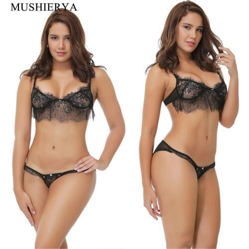 MUSHIERYA New Black Lace Hollow Out Sexy Suit Fashion Female Women Sexy Erotic Underwear Set Exotic Lace Sexy Bra and Panty Sets