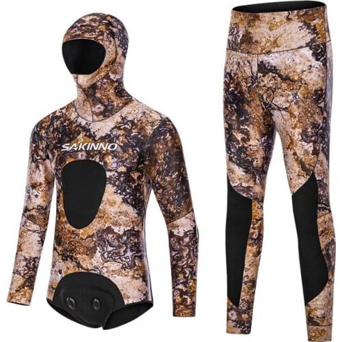 3.5MM neoprene Camouflage Wetsuit Men Scuba spearfishing Hood Diving suit jacket + pants 2 pieces set winter thermal swimsuit