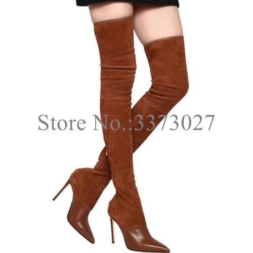 New Brown Over the Knee Elastic Woman Long Boots Fashion Leather Suede High Heel Thigh High Boots Sexy Female Large Size 46 Shoe