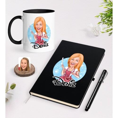 Personalized Women 'S Cook Caricature Of Black Notebook pen And Mug Seti-1