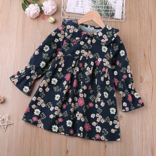 Girls Dress Spring Autumn Floral Long-sleeve Lapel Casual Dress New Fashion Kid Clothes Childrens Dress