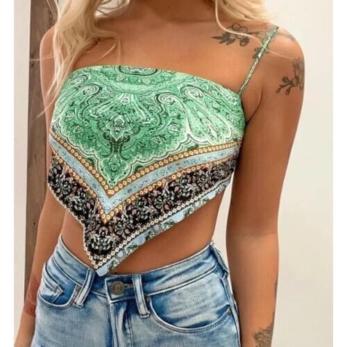 PUWD Casual Woman Green Slim Print Spaghetti Strap Cropped Top 2021 Summer Sexy Ladies Backless Beach Camisole Female Chic Tanks