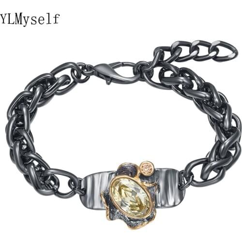 Thick Braided chain bracelet Black 2 tone Lt Golden stones 20+4 cm Free size Cool Punk Big Link bangle Unisex wrist