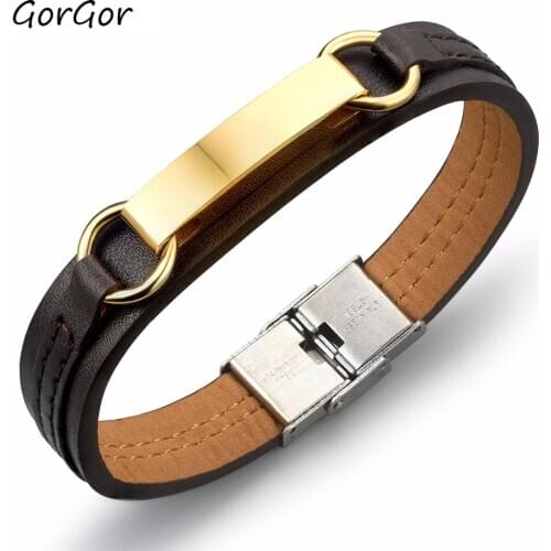 GorGor New Fashion Exquise Titanium Steel Gold Plated Spanish Bible Lord Prayer College Style Mens Leather Bracelets 962