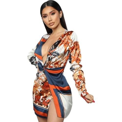 Vintage print deep v-neck a-line dress women waist ruched side slit dress bohemian style print mini dress LH3290