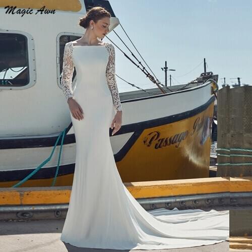 Magic Awn Long Sleeves Mermaid Wedding Dresses Beach Satin Lace Appliques Bodice Boho Mariage Gowns Illusion Vestidos De Fiesta